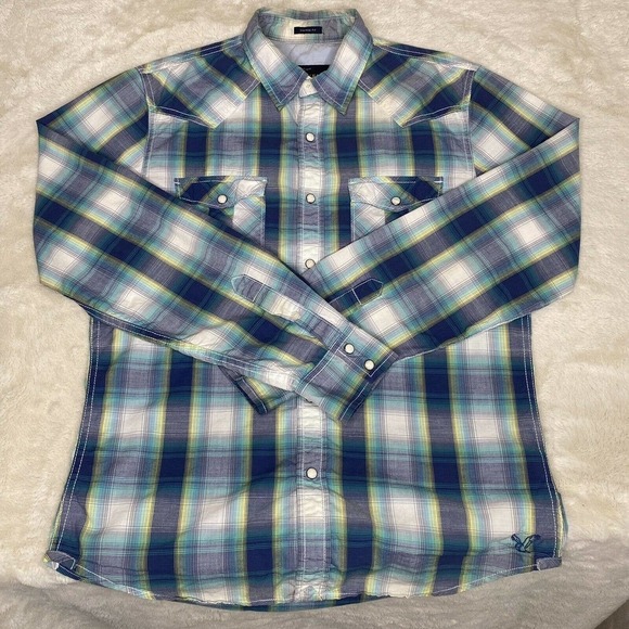 American Eagle Men’s Blue & White Plaid Cotton Vintage Fit Button-Up Shirt - Picture 8 of 9